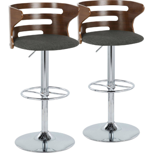 Cosi Adjustable Swivel Bar Stool in Chrome, Walnut Wood & Charcoal Fabric (Set of 2)